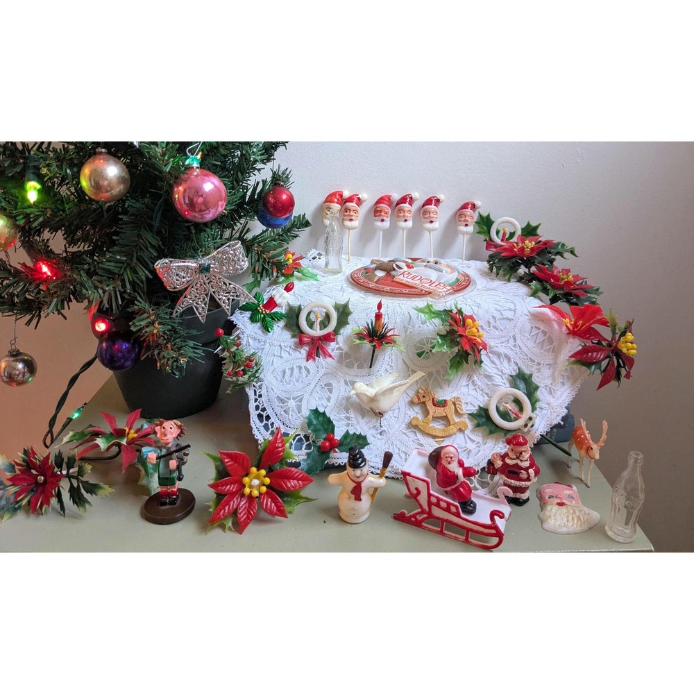 Vintage Christmas Decor Lot Santa Picks Poinsettias Figurines MCM Crafts